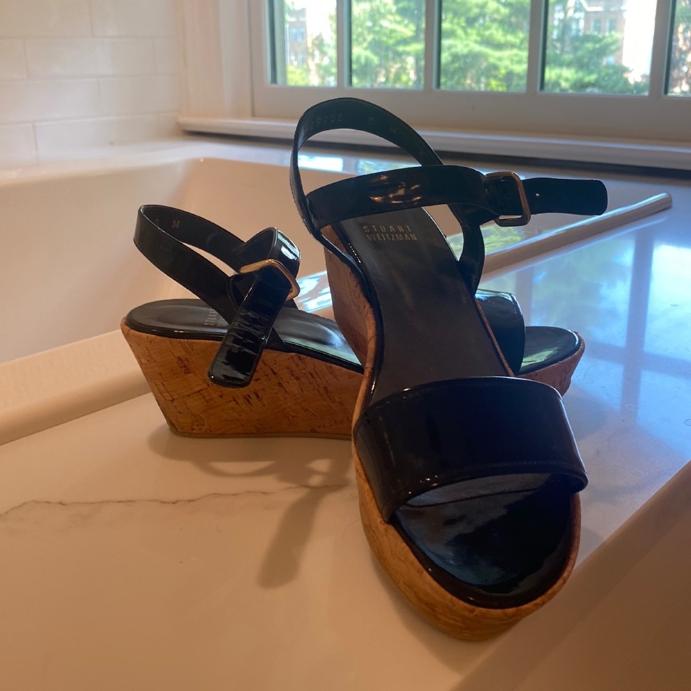 Stuart Weitzman Black Patent Leather platform sandal, size 8M